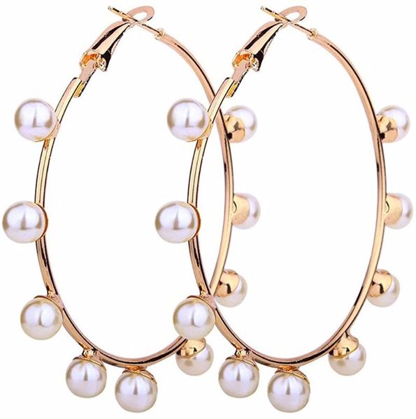 

hoop & huggie large pearl earrings imitation black white dangle earring big round circle loop for women girls jewelry, Golden;silver