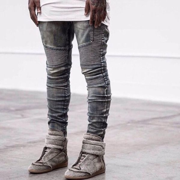 

2018 fashion casual street biker jeans motorcycle micro pleated hip hop nightclub man straight leg jeans hole1, Blue