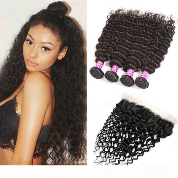 

brazilian virgin hair deep wave unprocessed human hair extensions weave bundles with lace frontal peruvian indian malaysian hair products, Black