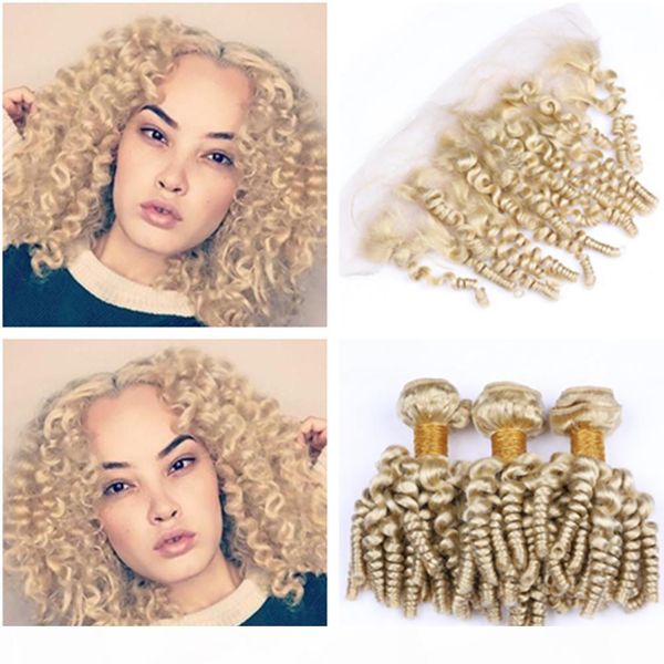 

peruvian human hair blonde funmi curly 3bundles with frontal blonde aunty funmi virgin human hair 13x4 lace frontal closure with weaves, Black;brown