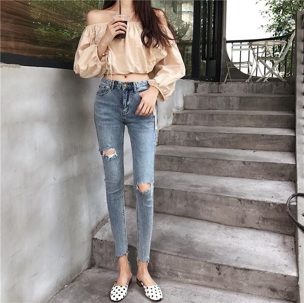 

women's pants & capris fashion slim jeans korean students with high waist and thin elastic holes casual feet retro women 9183, Black;white
