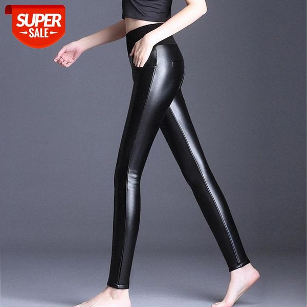 

autumn winter new skinny leather trousers leggings women stretch pu leather pants women velvet warm high waist black pants 12237 #zl8o, Black;white
