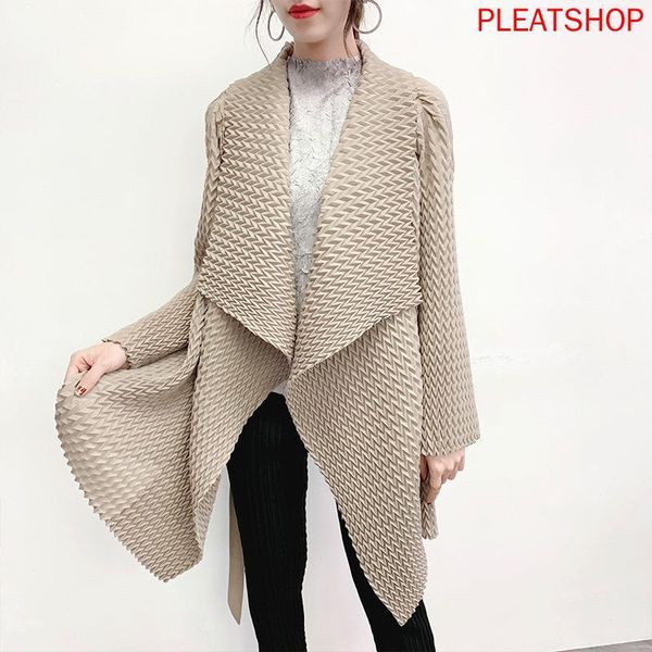 

women's trench coats miyake pleated industrial coat 2021 spring and summer clothes handmade fold-down collar elegant women's1, Tan;black
