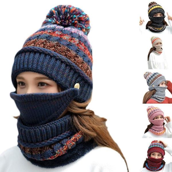 

2020 women winter 3pcs pompom beanie hat circle scarf face mask set multicolor striped knit skull cap plush lined neck warmer1, Blue;gray