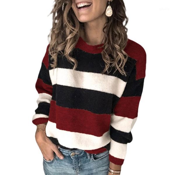 

women knitted sweaters new color block autumn and winter casual style long sleeve round neck striped pullover jumpers wholesale1, White;black