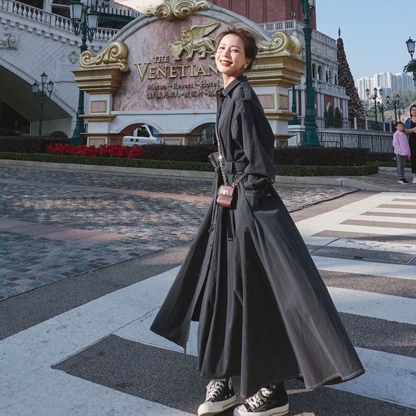 

2021 new autumn turn down long sleeve casual maxi with belt trench style women vestidos xpep, Tan;black