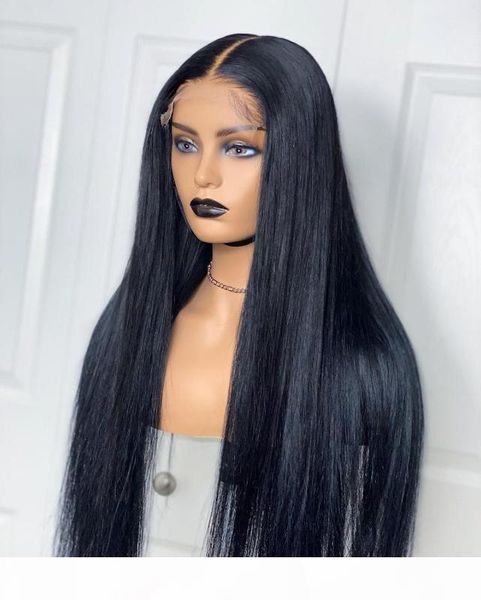 

13x4 lace front human hair wigs 1# 130% density 16-26 remy brazilian straight wig for women black plucked with baby hair slove, Black;brown