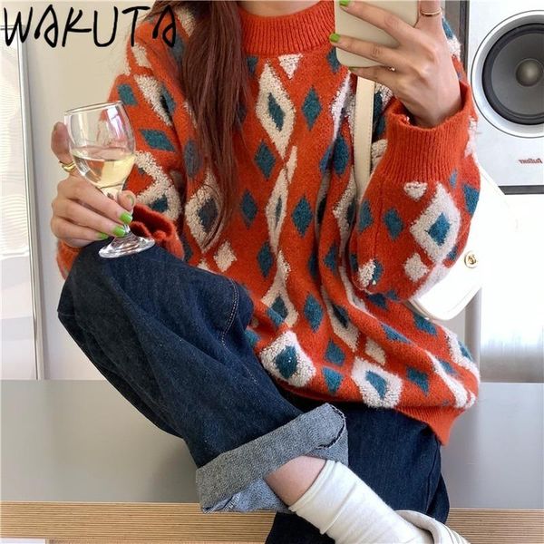 

women's sweaters wakuta cantrast color sweater women soft argyle pullovers jumper leisure loose o neck knitwear all match autumn and w, White;black