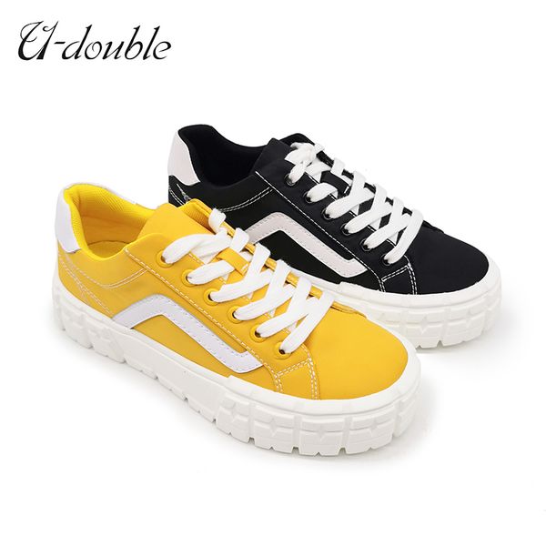

u-double new sneakers women thick soled running students flat black pu round head breathable casual shoes, Black;red