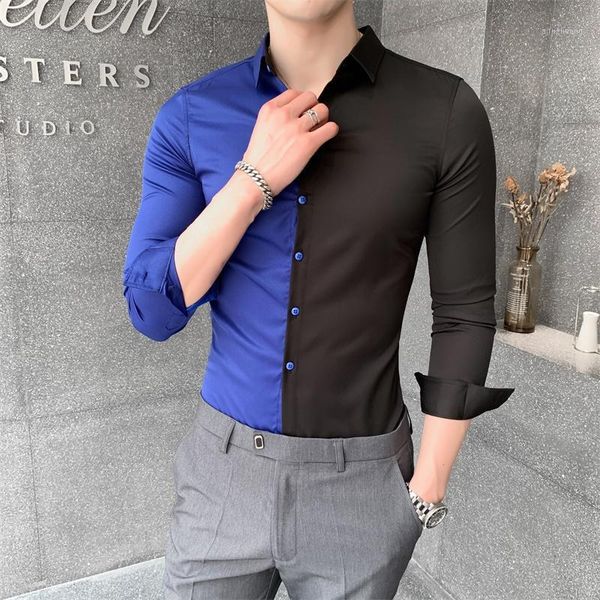 

2020 autumn men shirts patchwork slim fit long sleeve casual shirt formal business dress shirts streetwear camisas para hombre1, White;black