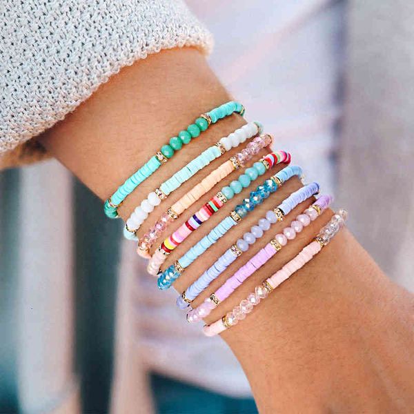 Böhmisches mehrfarbiges Ton-Poyester-Rondelle-Perlenarmband aus weicher Keramik für Damen, modischer Strandurlaub, Geschenkschmuck