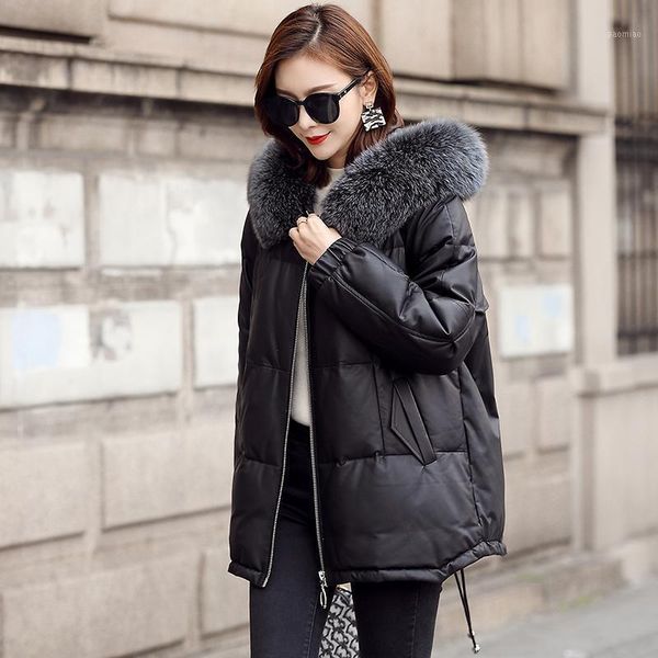 

down 2020 real genuine jacket women winter sheepskin coat hooded korean plus size womens leather jackets loose kj46201, Black