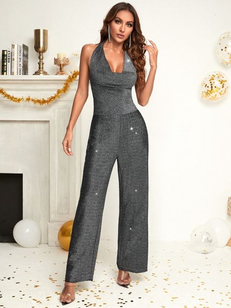 

backless draped wide leg glitter halter jumpsuit 96d9#, White