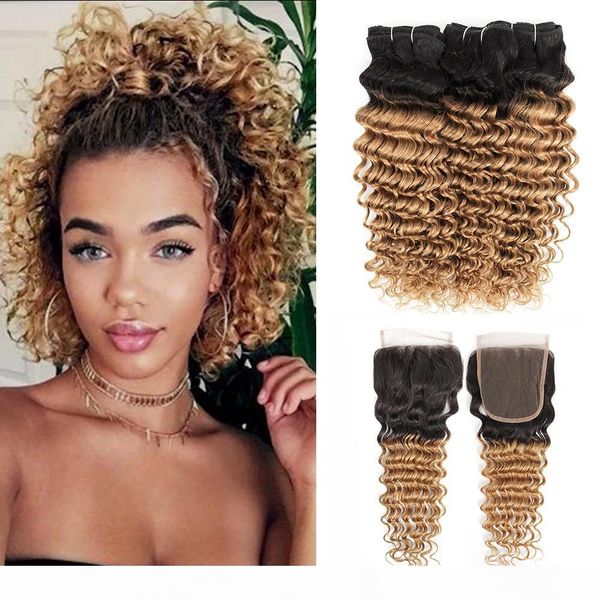 

1b 27 ombre honey blonde deep wave пучки волос с закрытием 3 связки с 4x4 lace closure бразильский remy человеческих волос, Black;brown