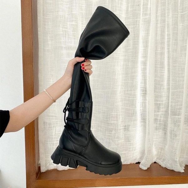 

2020 new leather thigh high boots women high heels over the knee boots for women round toe party long shoes cross-tied #gr5x, Black