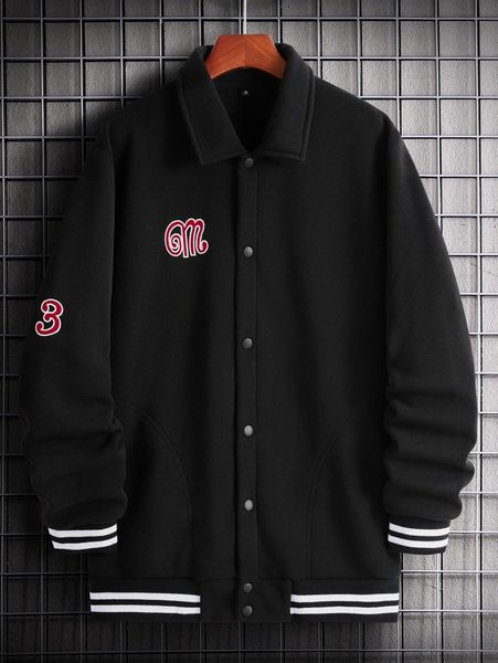 

men letter embroidery striped trim thermal jacket r6ee#, Black;brown