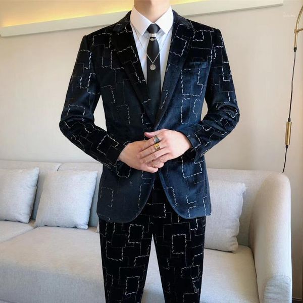 

men tuxedo suit velvet black plaid print blazer paty costumes men blazer suit 2021 + pant suits smoking homme mariage1, White;black