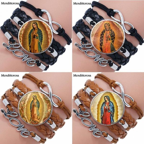 

ej glaze virgin of guadalupe for child glass cabochon multilayer black/brown leather bracelet bangle, Golden;silver