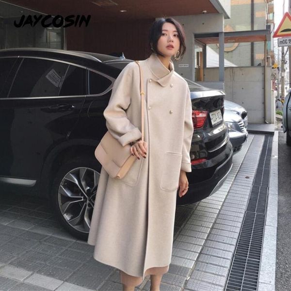 

jaycosin 2020 winter coat female double-breasted lapel wool coat elegant classic loose cappotto fleece warm thick manteau femme1, Black