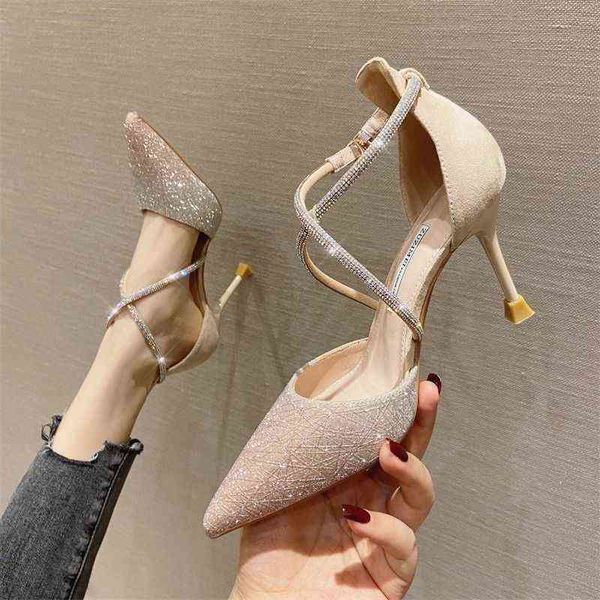 

sandals women designer crystal shoes pointed high heels luxury rhinestone cross belt hollow thin heeled sandals 220309, Black