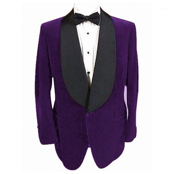 

velvet shawl lapel formal men's suit jacket wedding groom contrast color purple coat banquet dinner vintage prom party outer1, White;black