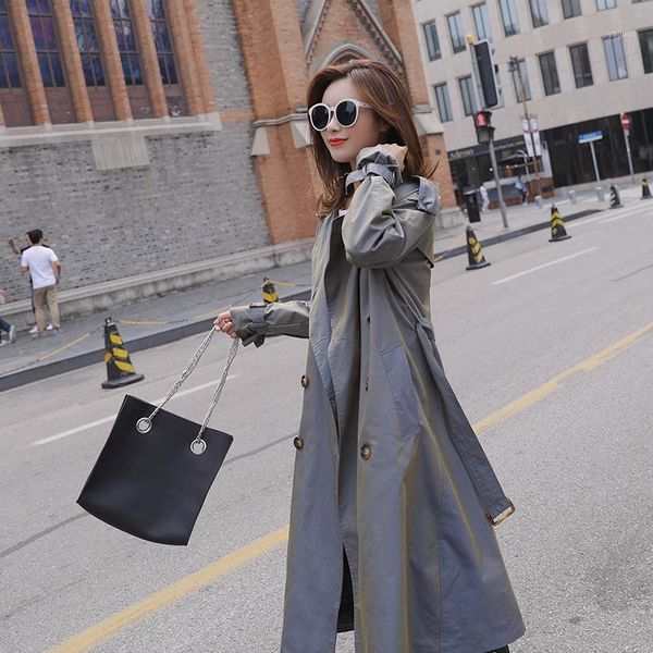 

quality medium length korean women's autumn 2021 new thin british waist double breasted casual loose coat for students1, Tan;black