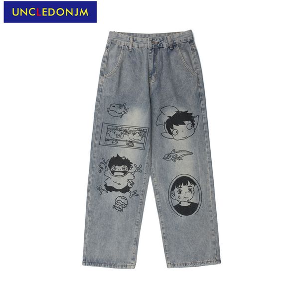 

uncledonjm anime cartoon printed jeans men's harajuku tide loose straight pants street trend trousers denim jeans for men n2028 q0105, Black;white