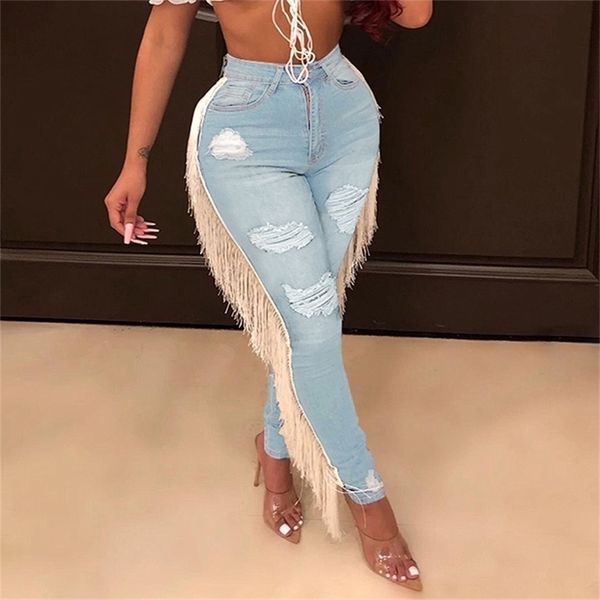 

tassels womens holes denim jeans skinny elastic high waist slim pencil pants plus size trousers 201223, Blue