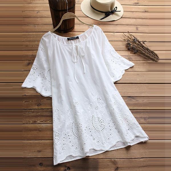 

2020 women casual o neck hollow out cotton linen shirt loose whirt embroidery blusas elegant summer flare sleeve blouse 5xl, White