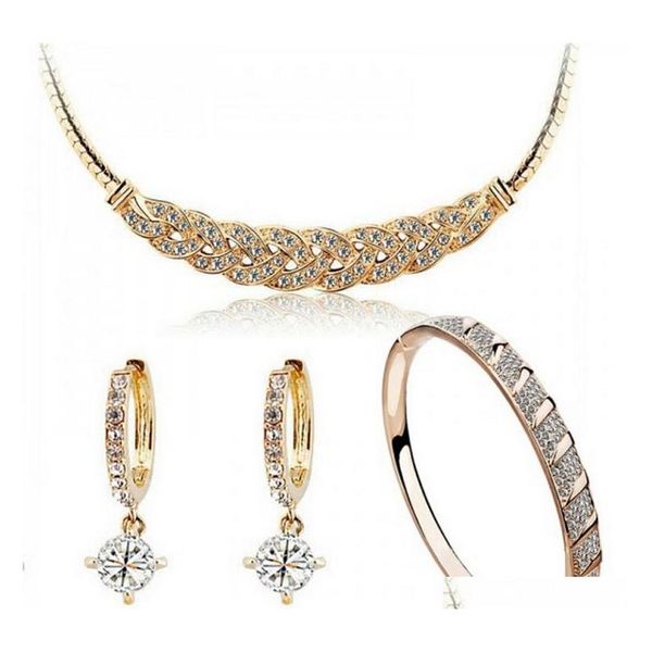 

full rhinestone zircon waltz necklace earrings bracelets sets 18k gold plated crystal jewelry sets for women 1018 j3n1g, Slivery;golden