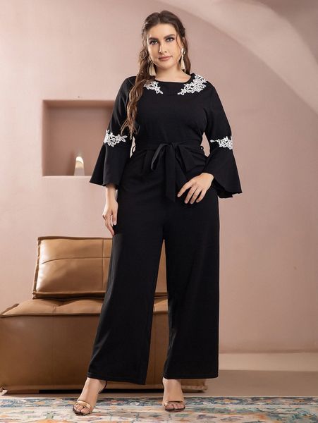 

plus applique flounce sleeve belted jumpsuit o0y2#, Black