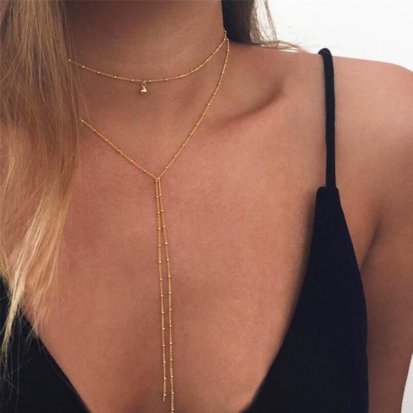 

simple delicate women necklace fashion gold color silver color y tassel beaded chain choker necklace gift wholesale