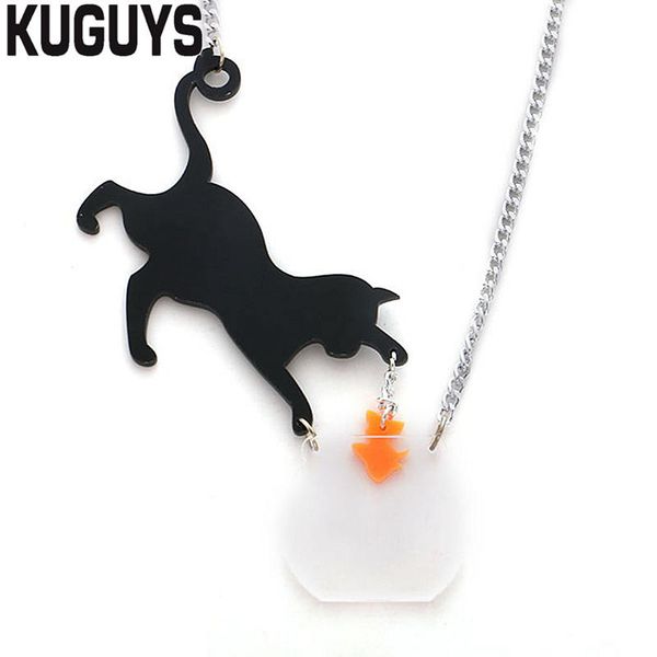 

black cat and goldfish pendant necklaces for women acrylic sweater chain new fashion jewelry, Silver