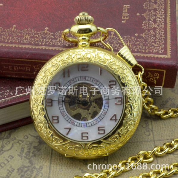 

mechanical gold magnifying glass large dial flap hollow pocket watch for men and women elderly watch, Slivery;brown