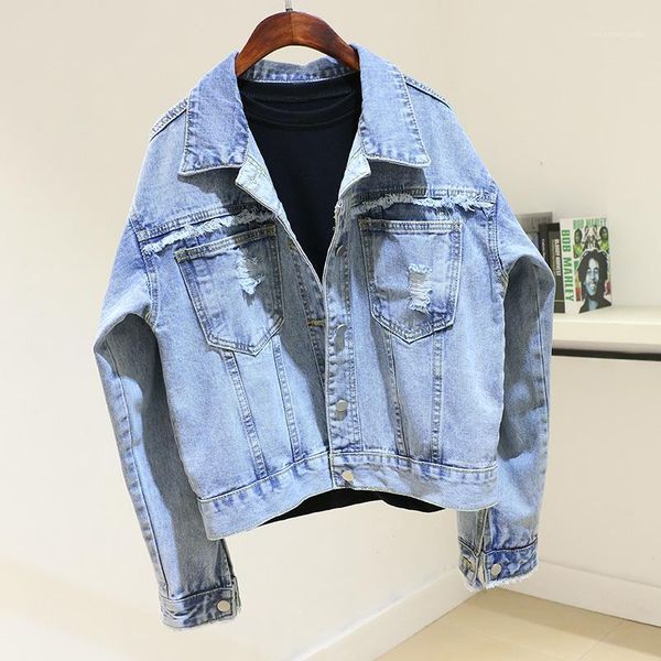 

vintage frayed washed blue denim jacket women spring autumn big size loose long sleeve jeans jacket coat female basic outerwear1, Black;brown
