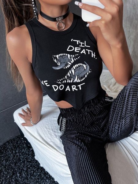 

slogan and figure graphic hanky hem crop tank u2fm#, White