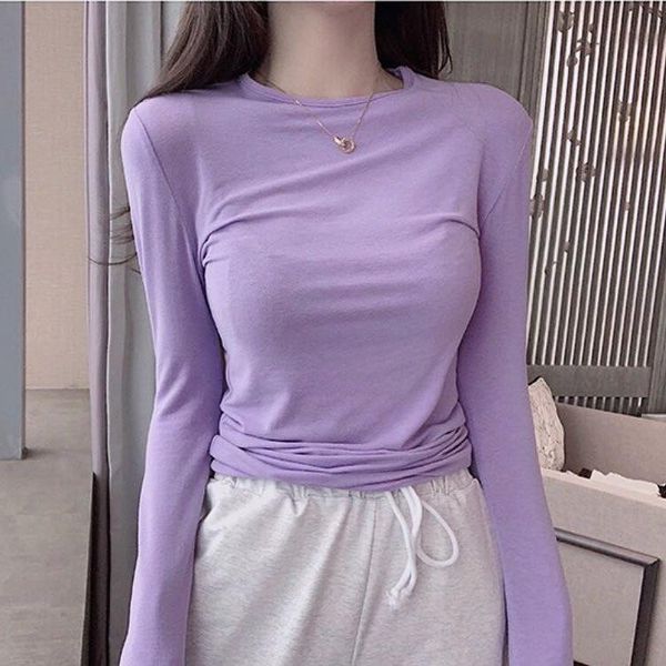 

korean-style taro purple long sleeve slim fit underwear base shirt female spring and autumn 2020 new style tight versatile t-shi, White