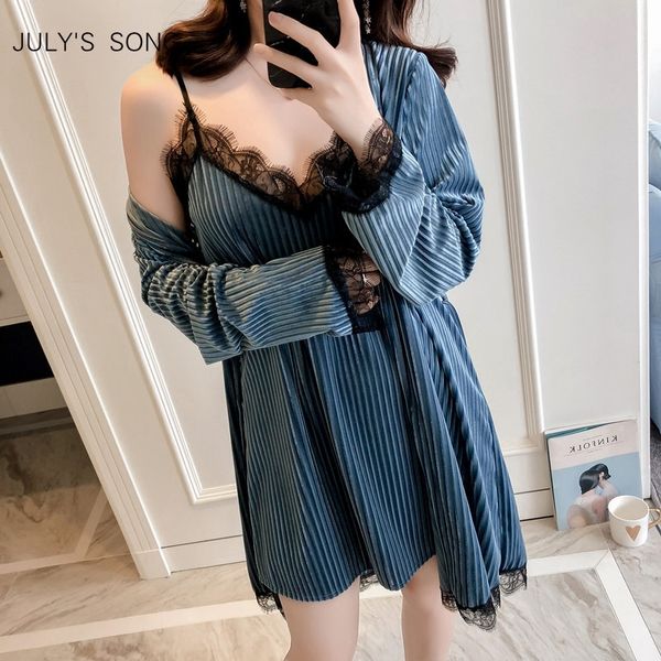 

july's song winter women pajamas set gold velvet robe gown set autumn lace sling 2 peices women sleepwear pajamas bathrobe y200425, Black;red