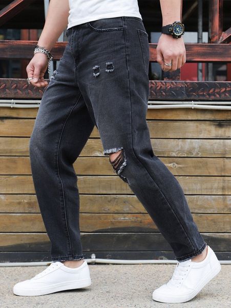 

men ripped cat whisker straight leg jeans b894#, Blue