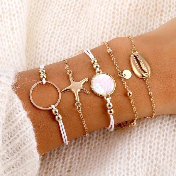 

bohemian shell starfish bracelets set vintage handmade multilayer bead sequins tassel charm bracelet for women fashion jewelry1, Golden;silver