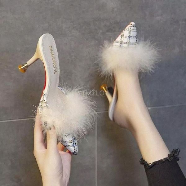 

new summer women's slippers sweet and comfortable wild wool slippers plaid indoor zapatillas casa mujer mules shoes #5r08