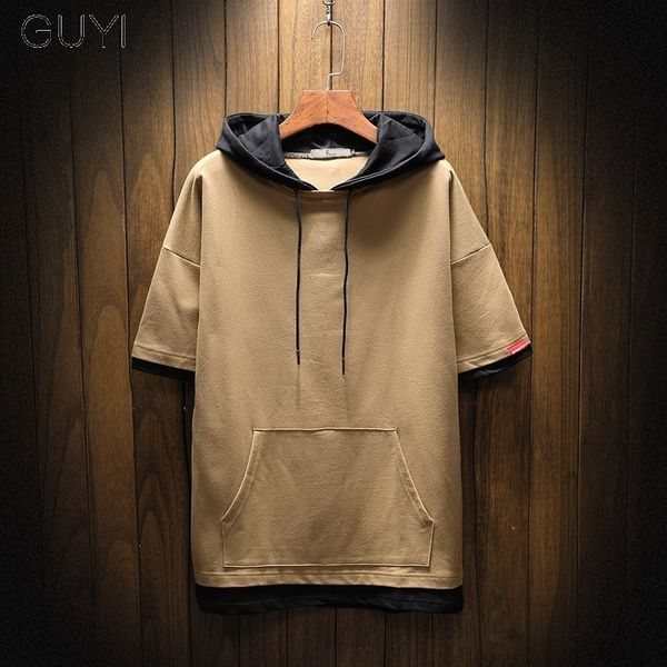 GUYI Patchwork Hoodies Sweatshirts Männer Mit Kapuze Casual Männlich Spitze up Herbst Hoodies Hip Hop Junge Pullover Tasche Kurzarm 201027