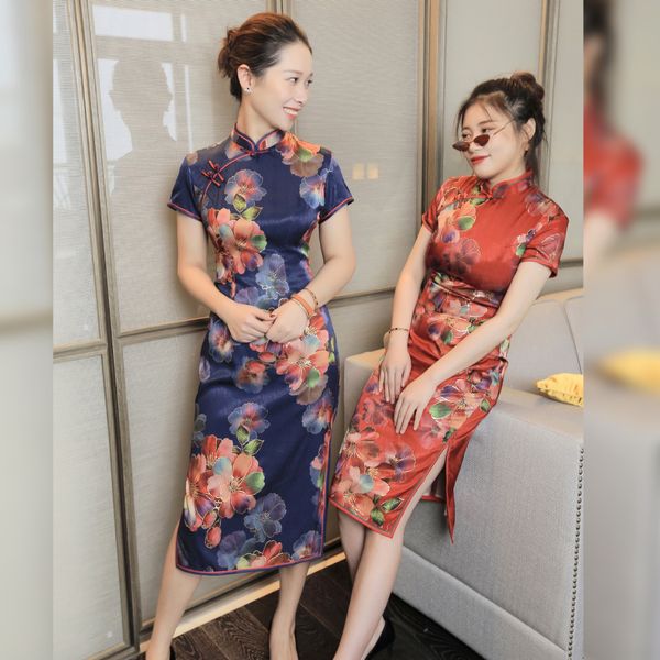 

jnajp slim mother chinese flowers short sleeve elastic spring fit style increase improved dress dress cheongsamcheongsam cheongsamcheongsam, Black;gray