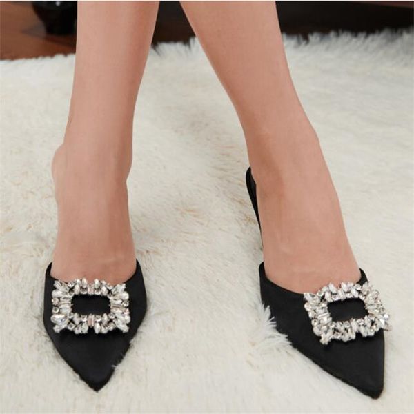 

2022 new arrival square buckle crystal silk women sandals slipper spring summer pointed high heels party prom lady shoes, Black