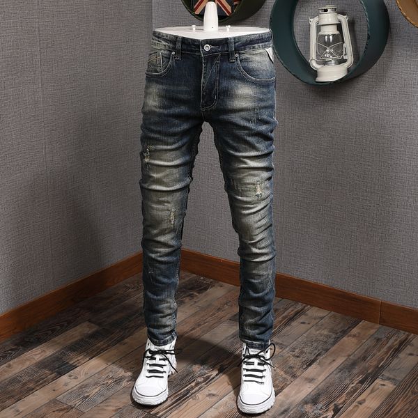 

2021 new italian style fashion retro wash slim fit ripped men denim pants streetwear vintage designer jeans 0vkd, Blue