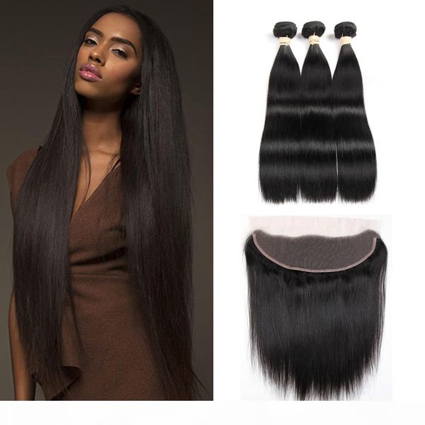

3 bundles with frontal closure remy human hair bundles with closure brazilian straight hair weaves virgin hair extensions lace frontal, Black