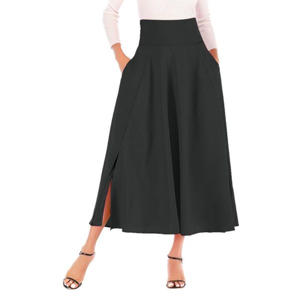 

women high waist pleated a-line skirt front slit belted vintage skirt solid color casual party skirts summer half length skirts, Black