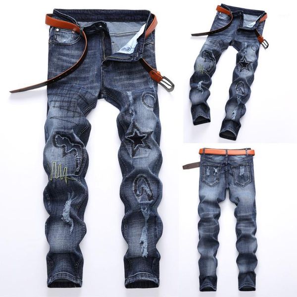 

men's jeans 2021 fashion casual soft men's vintage hole denim folds wash work frayed printed zipper basic pants1, Blue