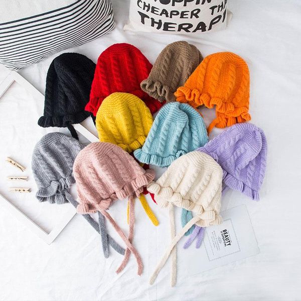 

принцесса ребёнки hat мягкая вязаная зима теплая новорожденный bonnet enfant cap solid color twist cross завязанный kids шапочки hat, Yellow