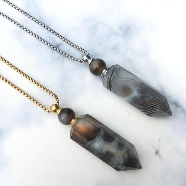 

pendant necklaces banded agates point necklace,perfume bottle necklace,essential oil diffuser ,meditation stone,natural jewelry., Silver